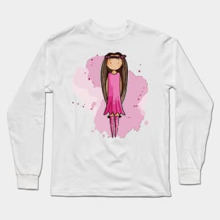 Cute bohemian girly girl with very long brown hair and a pink dress Long Sleeve T-Shirt